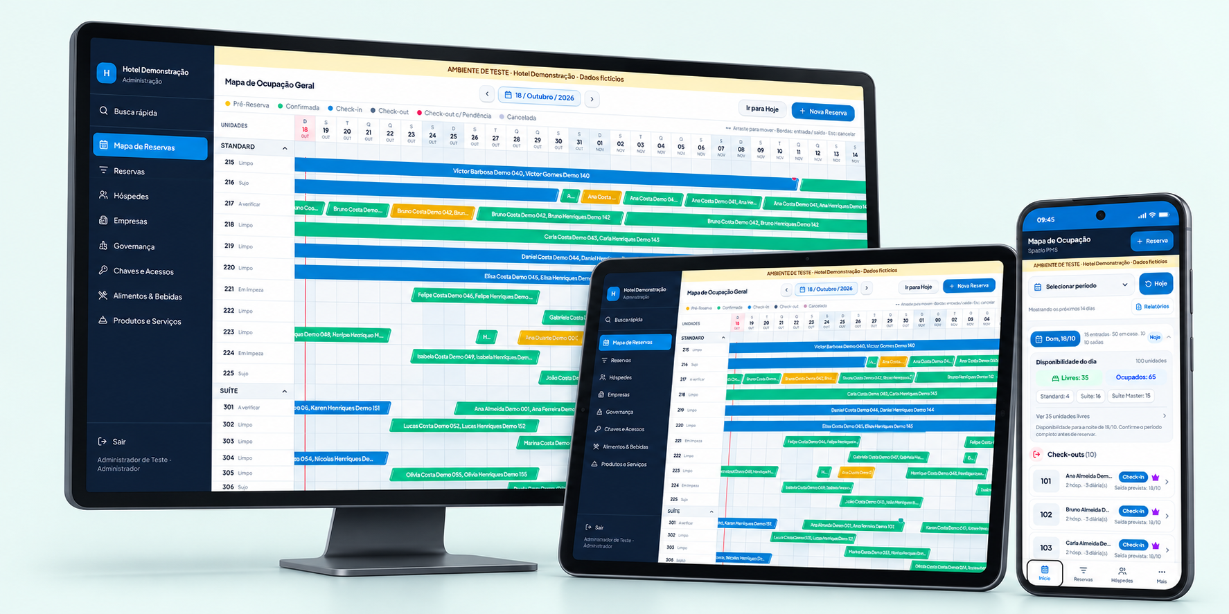 Composição ilustrativa de computador, tablet e celular com a interface do PMS